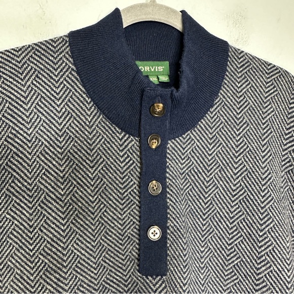 Orvis Navy Gray 100% Cashmere Button Mock Neck Herringbone Pullover Sweater XXL - Picture 3 of 10